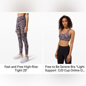 Lululemon fast to be free legging and free to be serene bra.